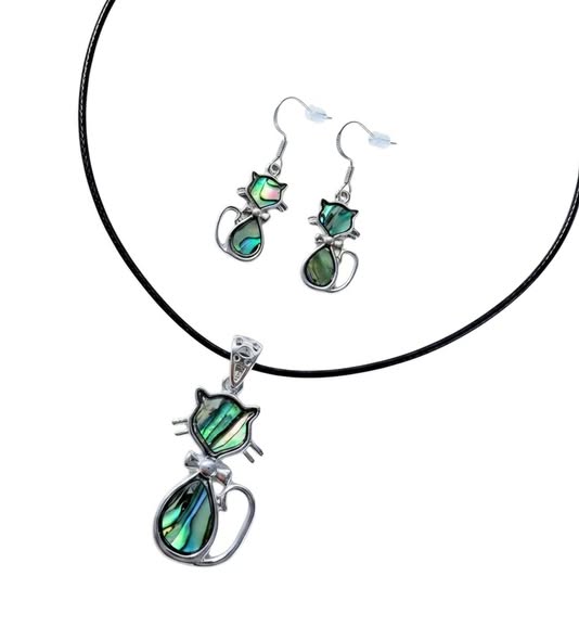 SET Paua: Přívěsek kočička s kůží + náušnice