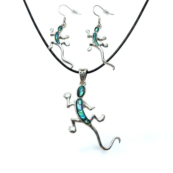 SET Paua: Přívěsek ještěrka s kůží + náušnice