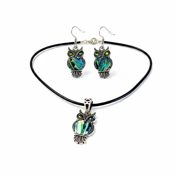 SET Paua: Přívěsek sova s kůží + náušnice