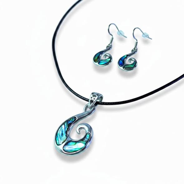 SET Paua: Přívěsek Maorská spirála života s kůží + náušnice