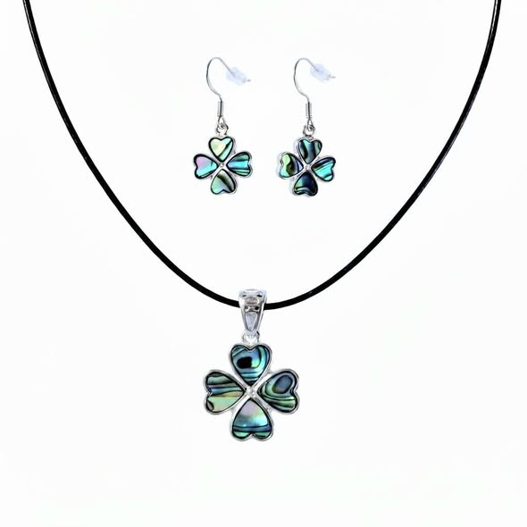 SET Paua: Přívěsek čtyřlístek s kůží + náušnice