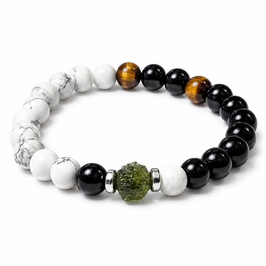 Náramek s vltavínem - JIN-JANG - Magnezit , onyx