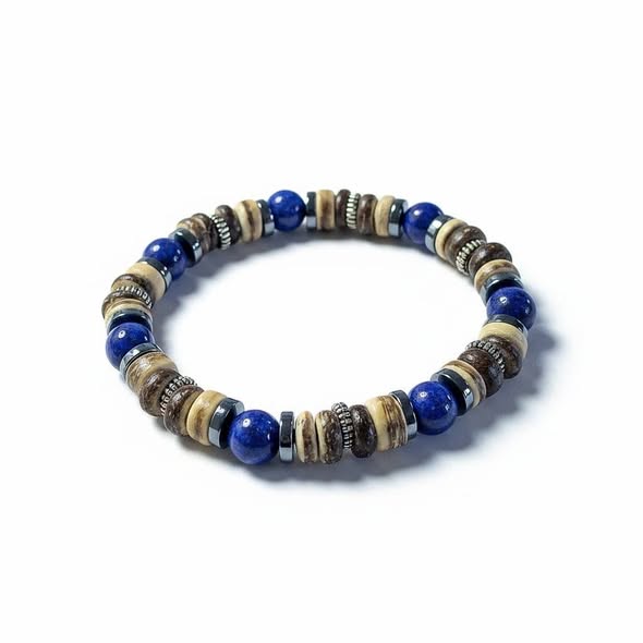 Náramek kombinovaný lápis lazuli + hematit + dřevo