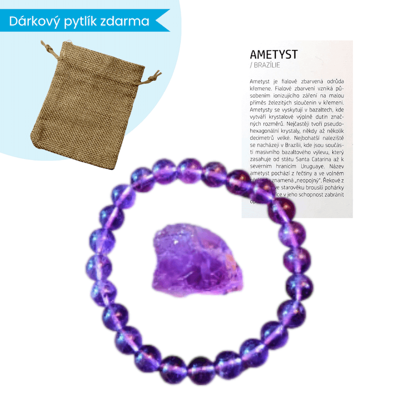 Ametyst náramek s minerálem a kartičkou + dárkový pytlík ZDARMA