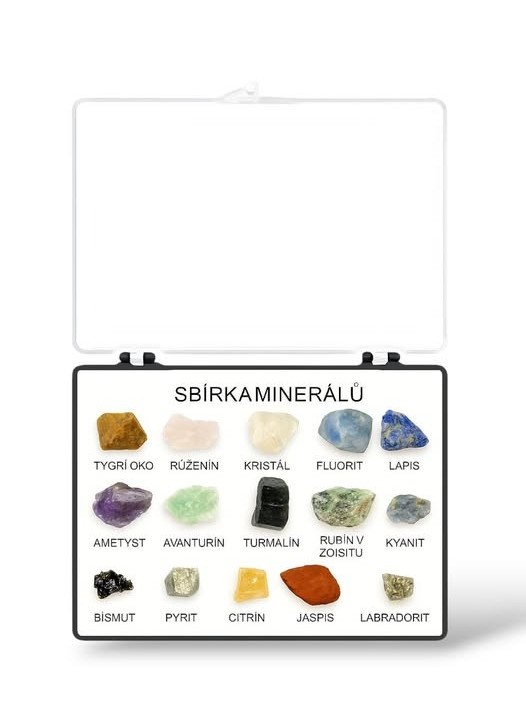 Sbírka surových minerálů v krabičce