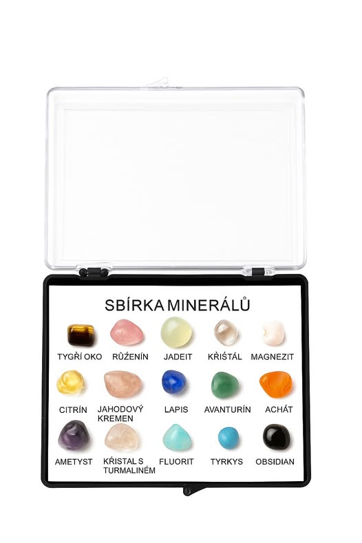 Sbírka leštěných minerálů v krabičce