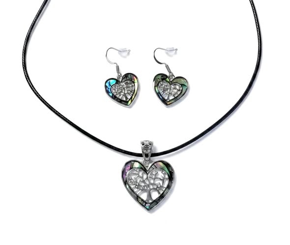 SET Paua: Přívěsek srdce s kůží + náušnice 