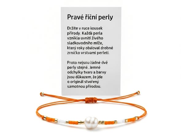 Náramek říční perla oranžový s popisem