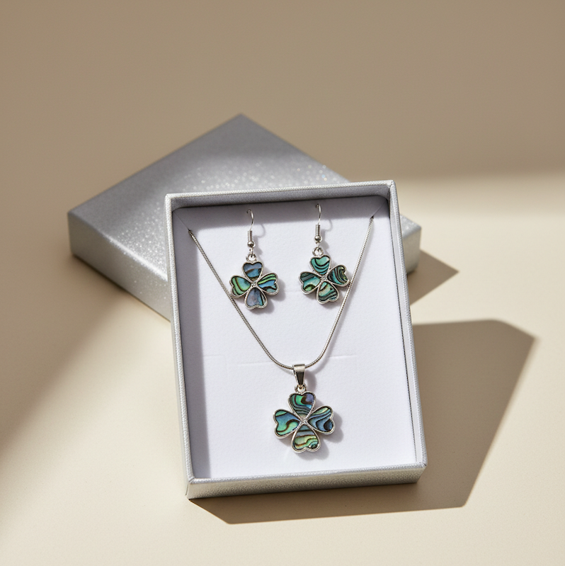 SET Paua: Přívěsek čtyřlístek s řetízkem + náušnice + krabička