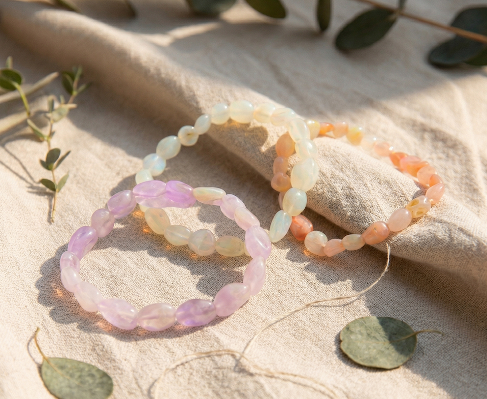 Náramky nepravidelné sada kunzit + měsíční kámen + opál růžový