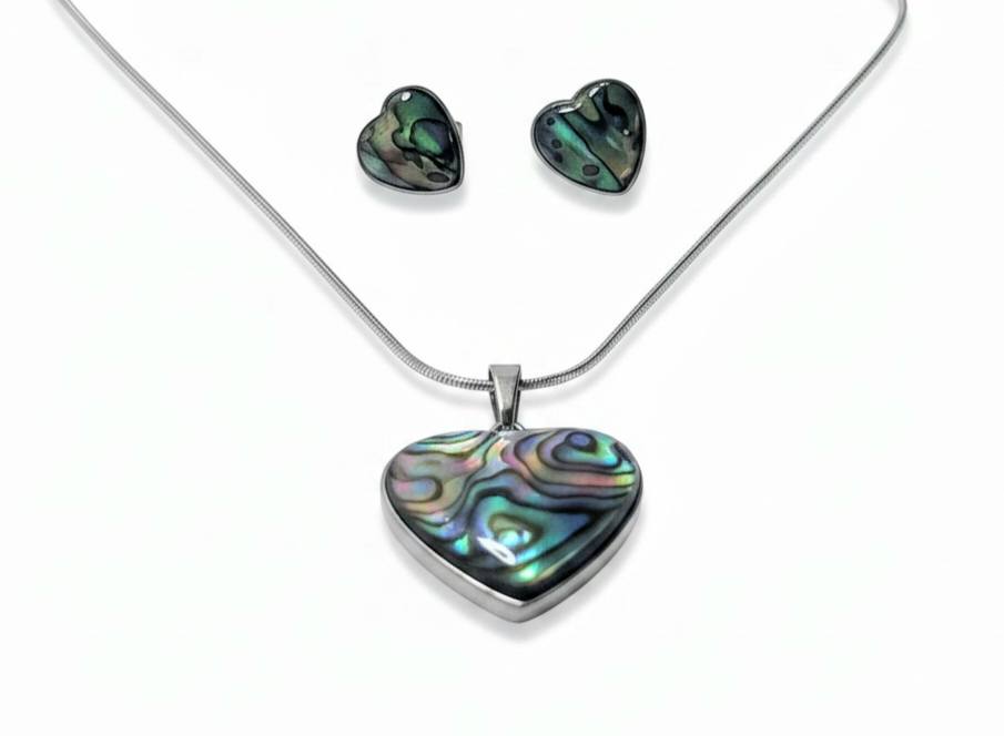 SET Paua: Přívěsek srdíčko s řetízkem + náušnice velké + krabička