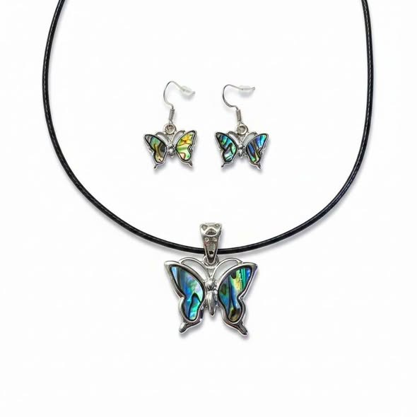 SET Paua: Přívěsek motýl s kůží + náušnice 