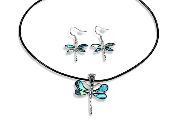 SET Paua: Přívěsek vážka s kůží + náušnice 