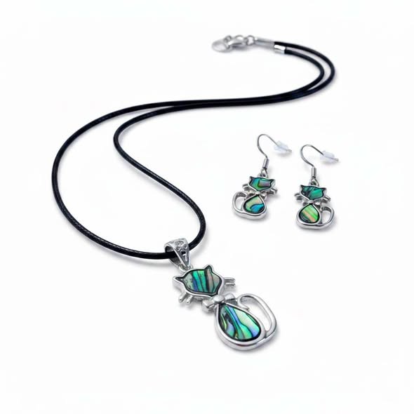 SET Paua: Přívěsek kočička s kůží + náušnice 