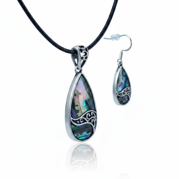SET Paua: Přívěsek slza s kůží + náušnice 
