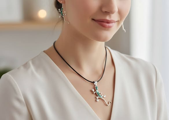SET Paua: Přívěsek ještěrka s kůží + náušnice 