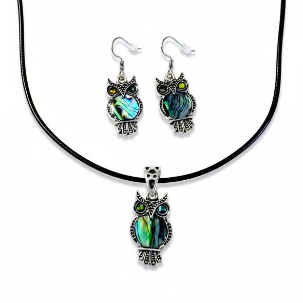 SET Paua: Přívěsek sova s kůží + náušnice 