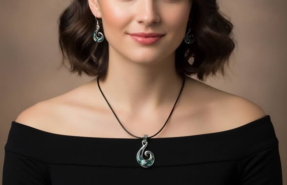 SET Paua: Přívěsek Maorská spirála života s kůží + náušnice 