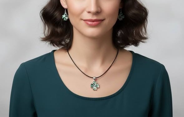 SET Paua: Přívěsek čtyřlístek s kůží + náušnice 