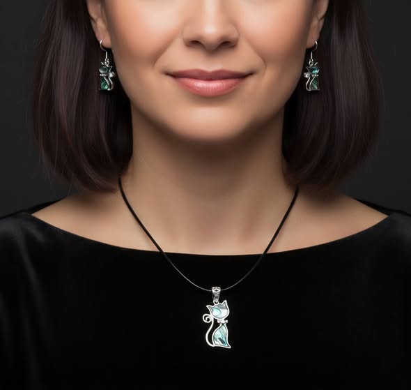 SET Paua: Přívěsek kočička sedící s kůží + náušnice 