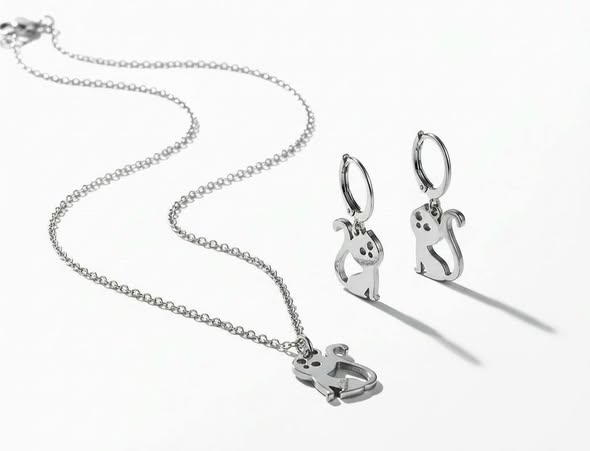 SET: Náušnice + řetízek kočička z chirurgické oceli