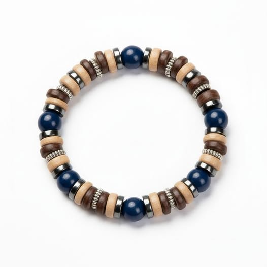 Náramek kombinovaný lápis lazuli + hematit + dřevo