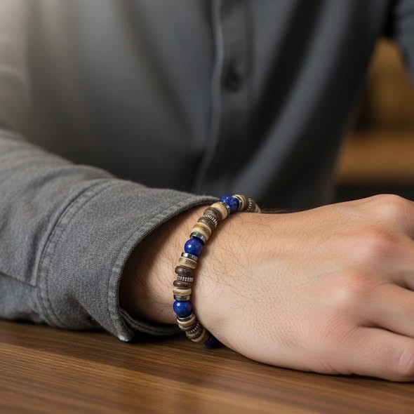 Náramek kombinovaný lápis lazuli + hematit + dřevo