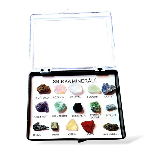 Sbírka surových minerálů v krabičce