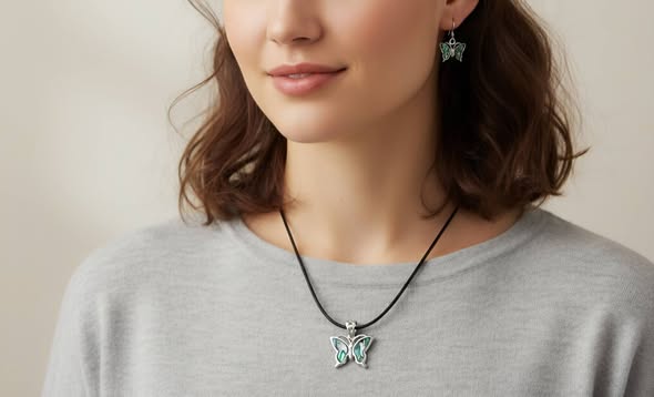 SET Paua: Přívěsek motýl s kůží + náušnice 