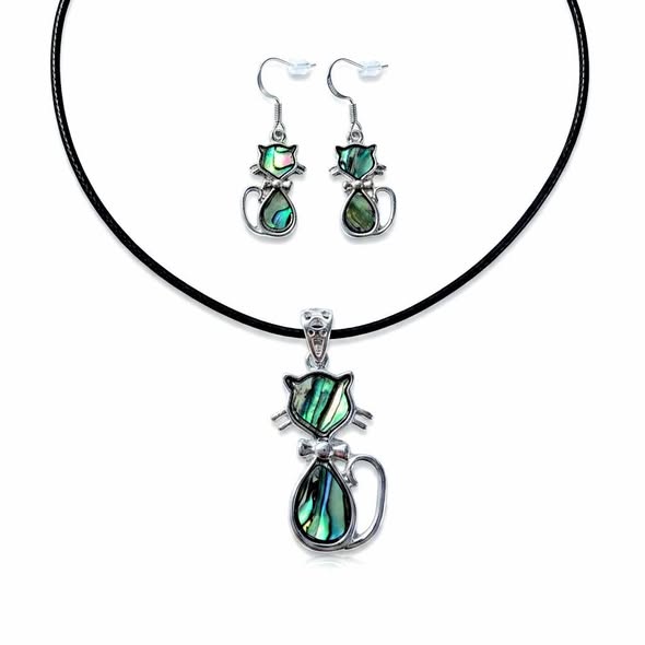 SET Paua: Přívěsek kočička s kůží + náušnice 