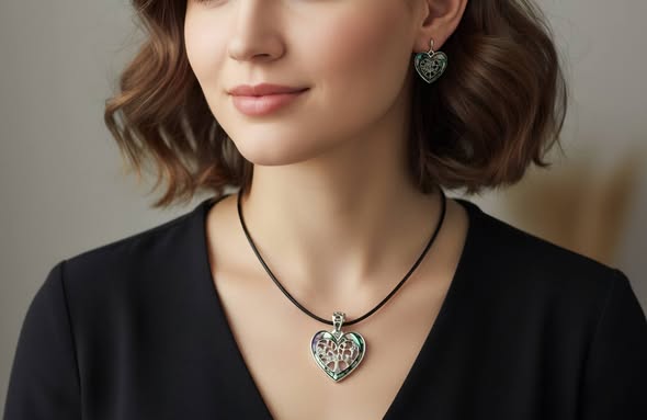 SET Paua: Přívěsek srdce s kůží + náušnice 