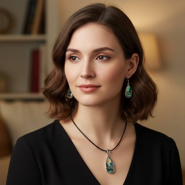 SET Paua: Přívěsek slza s kůží + náušnice 