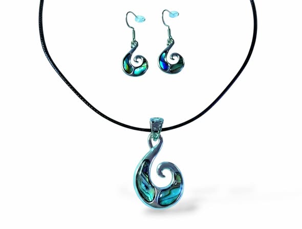 SET Paua: Přívěsek Maorská spirála života s kůží + náušnice 