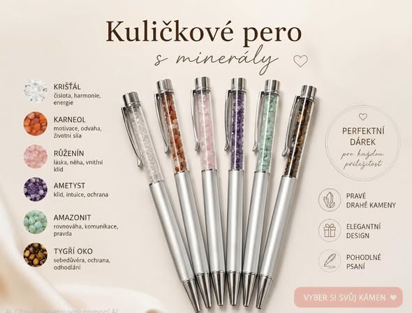 Sada 6 ks kuličkové pero s minerálem a kartička