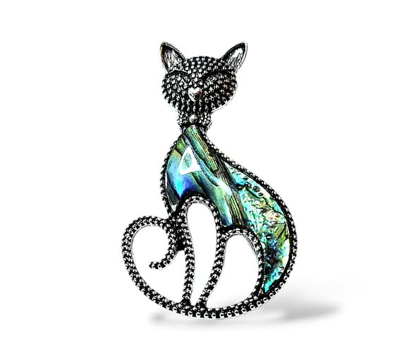 Kočička zatočená brož i přívěsek s perletí Paua