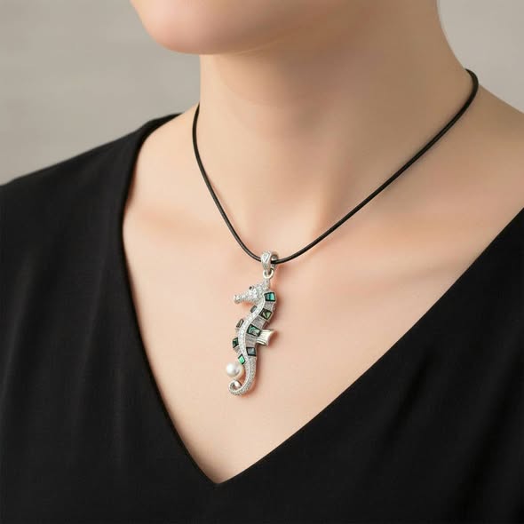 Mořský koník velký s perličkou přívěsek s perletí Paua