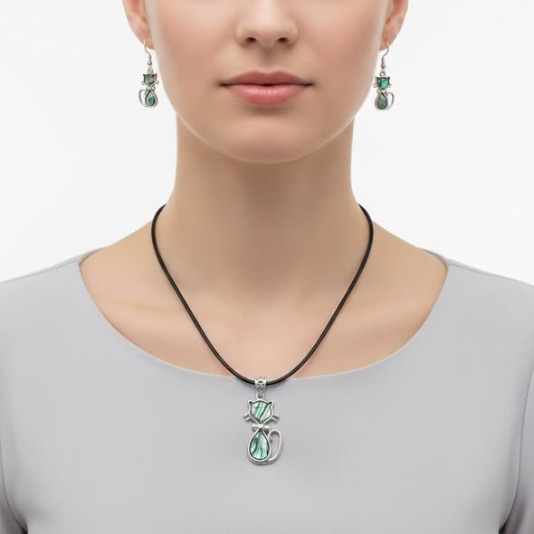 SET Paua: Přívěsek kočička s kůží + náušnice 