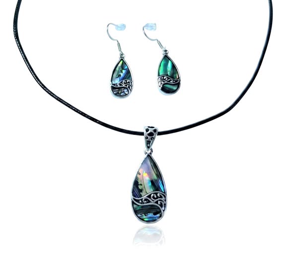 SET Paua: Přívěsek slza s kůží + náušnice 