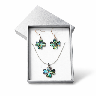 SET Paua: Přívěsek čtyřlístek s řetízkem + náušnice + krabička