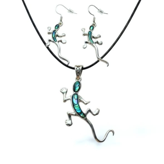 SET Paua: Přívěsek ještěrka s kůží + náušnice 
