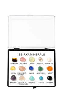Sbírka leštěných minerálů v krabičce